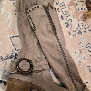 Buckle Taupe Suede Boots with Buckle Detail